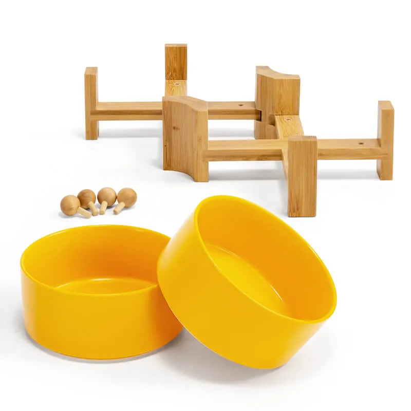 15° Slanted Ceramic Bowl Set with Wooden Stand | Tilted Food & Water Bowl